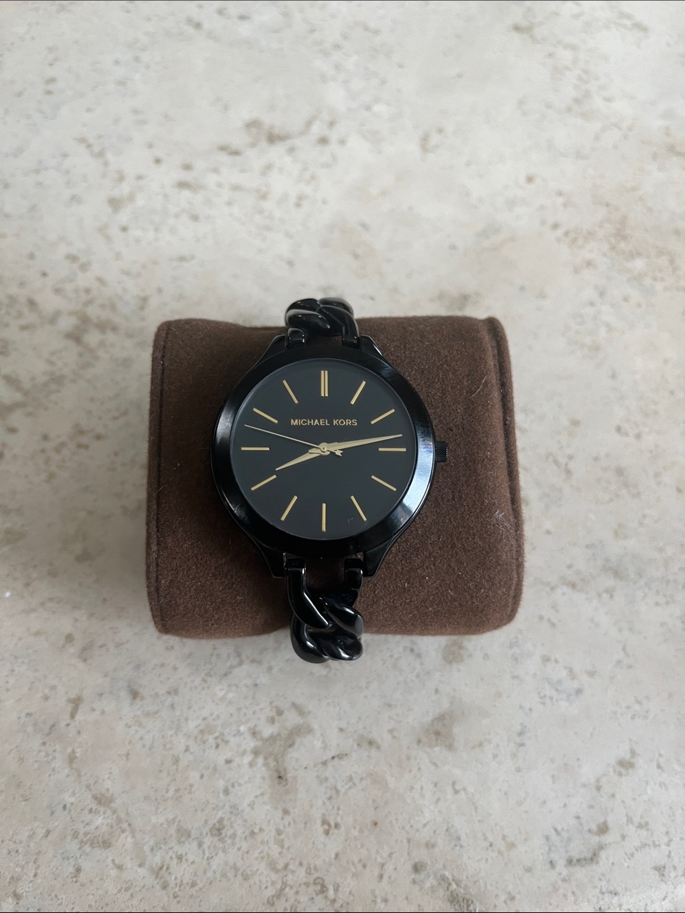 Michael Kors Black Watch with Gold Accents and Chain-Link Bracelet